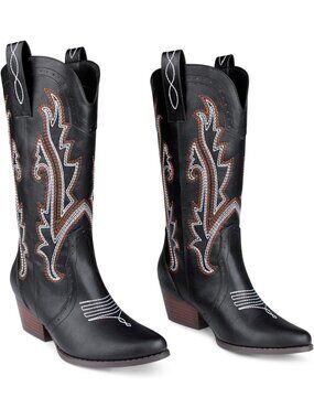 〽️Women's Mid-Calf Cowgirl Boot Black Floral Leather Pointy Toe Chunky Heel